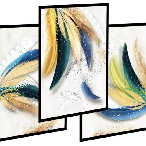 Obraz na ścianę zestaw 3szt - Złote piórka